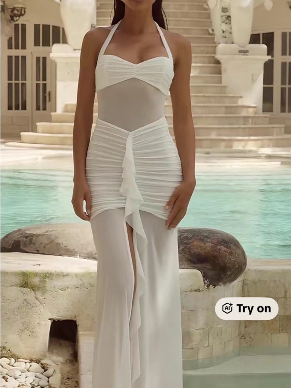 Elegant White Halter Ruched Maxi Dress/New without tags